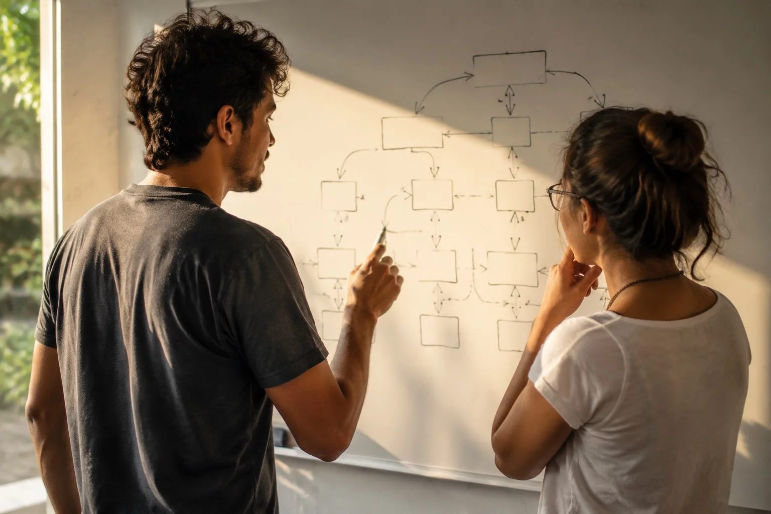 Duas pessoas diante de um quadro branco com um mapa de argumento desenhado à mão