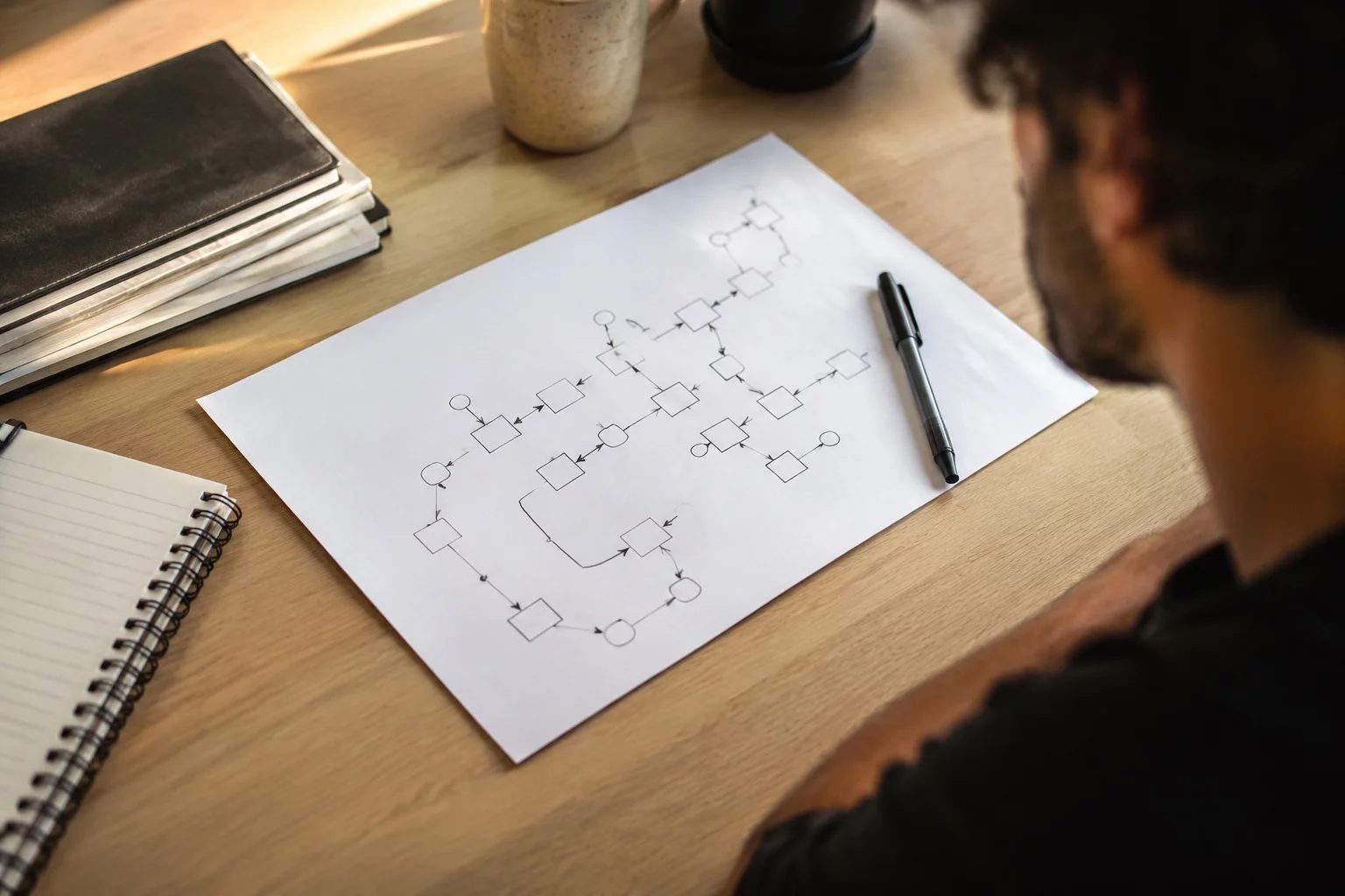 Vista de cima de uma mesa com um diagrama de lógica desenhado à mão
