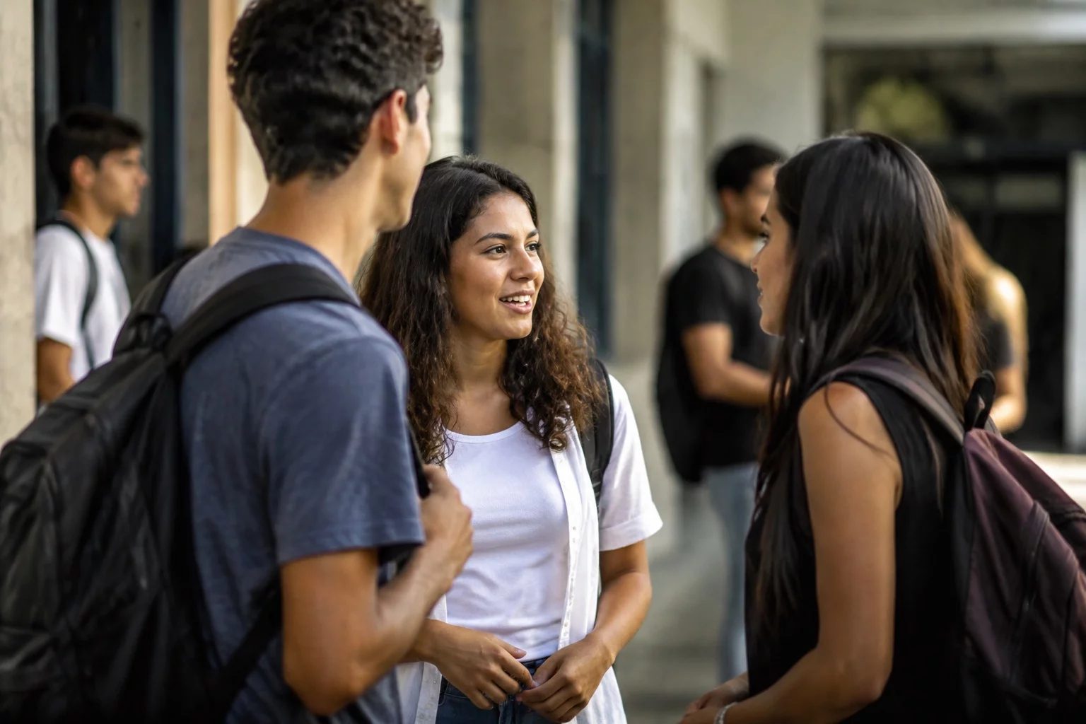 Estudantes com mochilas conversando no corredor de uma universidade