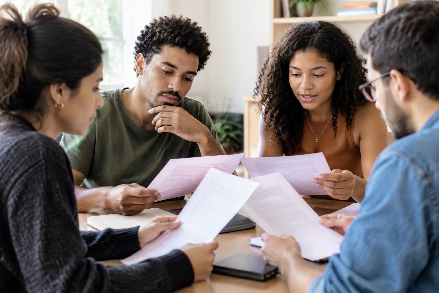 Grupo pequeno lendo páginas impressas de argumentos ao redor de uma mesa